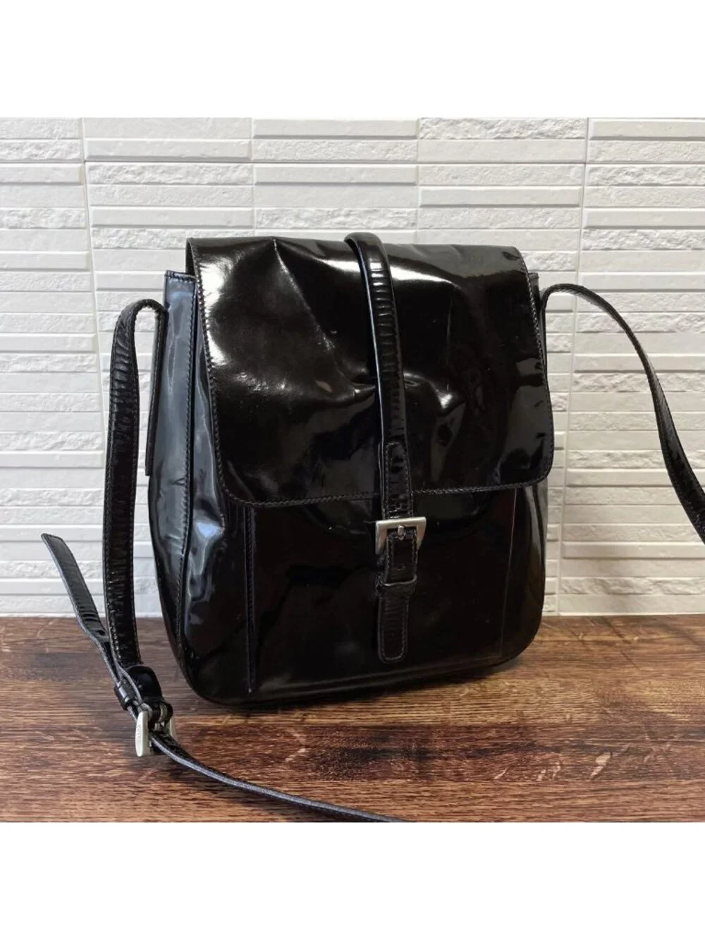 Prada Logo Enamel Patent Leather Shoulder Bag Dark Brown